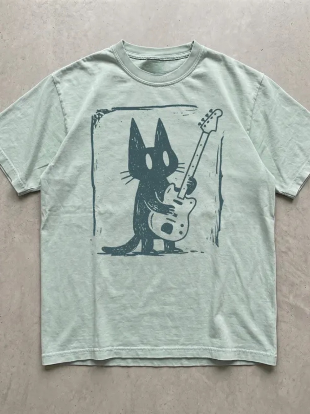 Gildan Mint Green Tee with Black Cat Guitar Graphic